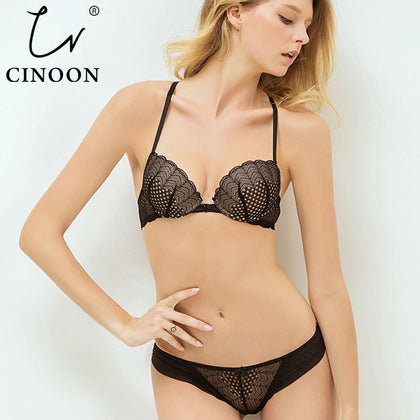 CINOON Lace Sexy Transparent Beautiful Back Strappy Bralette Women Underwear Front Buckle Push Up Bra Brief Set Lingeries Set