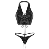 iEFiEL Sexy 2Pcs Women Female Soft Faux Leather Lace Up Bikini Lingerie Exotic Sets Halter Crop Top with Mini G-string Underwear